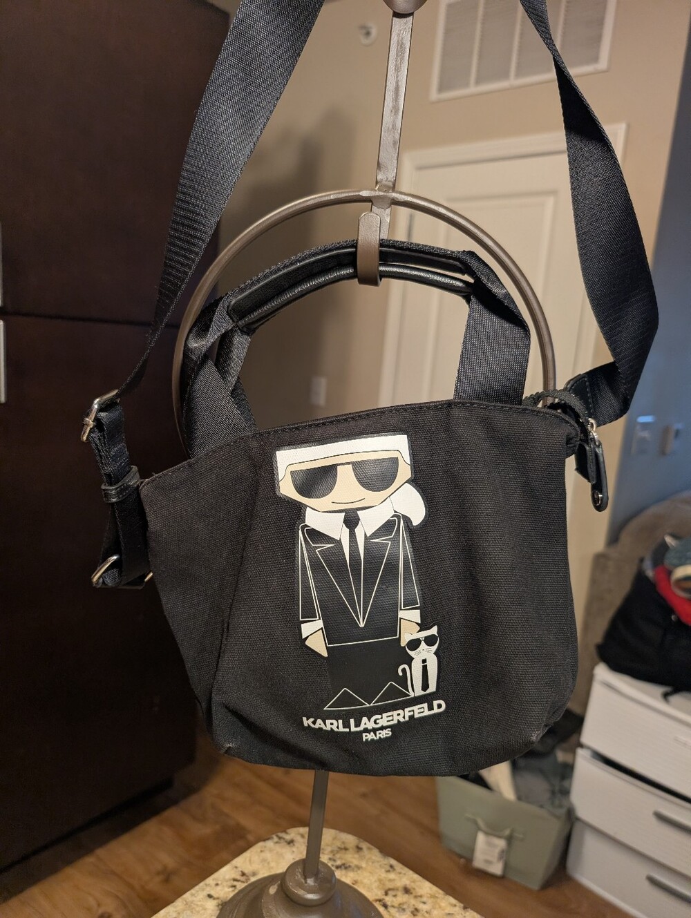 Karl Lagerfeld Black Canvas Graphic Tote Shoulder Bag